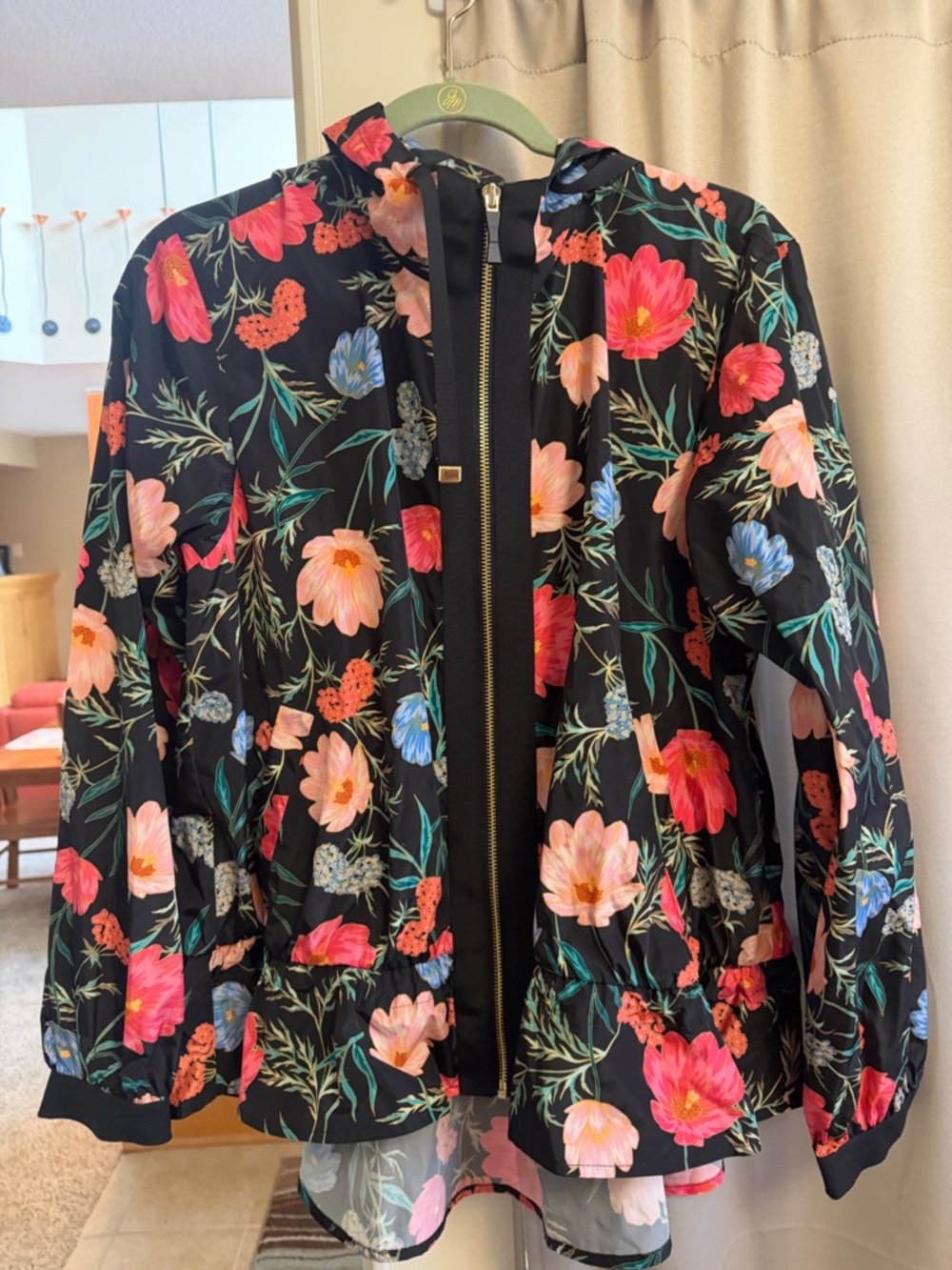 kate spade Black Floral Hooded Jacket with Pink, Coral & Blue Blooms